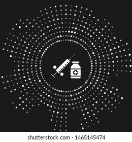 White Medical syringe with needle and vial or ampoule icon isolated on grey background. Vaccination, injection, vaccine, insulin concept. Abstract circle random dots. Vector Illustration