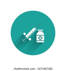 White Medical syringe with needle and vial or ampoule icon isolated with long shadow. Vaccination, injection, vaccine, insulin concept. Green circle button. Vector Illustration