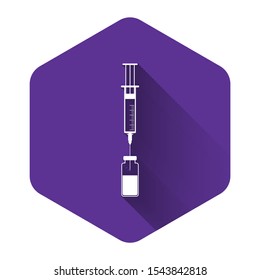 White Medical syringe with needle and vial or ampoule icon isolated with long shadow. Vaccination, injection, vaccine, insulin concept. Purple hexagon button. Vector Illustration