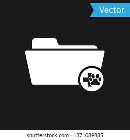 White Medical veterinary record folder icon isolated on black background. Dog or cat paw print. Document for pet. Patient file icon. Vector Illustration