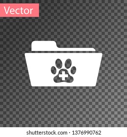 White Medical veterinary record folder icon isolated on transparent background. Dog or cat paw print. Document for pet. Patient file icon. Vector Illustration