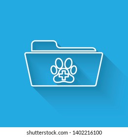 White Medical veterinary record folder line icon isolated with long shadow. Dog or cat paw print. Document for pet. Patient file icon. Vector Illustration