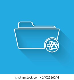 White Medical veterinary record folder line icon isolated with long shadow. Dog or cat paw print. Document for pet. Patient file icon. Vector Illustration