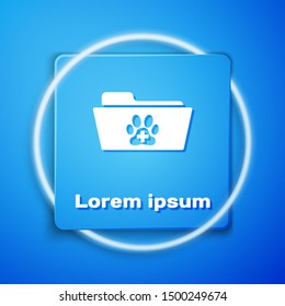 White Medical veterinary record folder icon isolated on blue background. Dog or cat paw print. Document for pet. Patient file icon. Blue square button. Vector Illustration