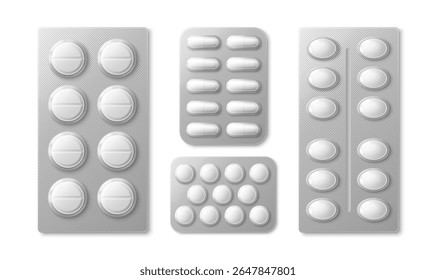 Embalagens de blister de medicamento branco - comprimidos redondos com ranhuras esféricas, cápsulas oblongas, pequenas pílulas circulares, medicamentos ovais em embalagens de folha de prata. Suprimentos médicos 3D farmacêuticos, produto de saúde.