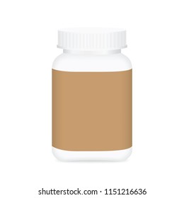 white medicine bottle brown label, bottle plastic white packaging single blank for template design white background, package bottle packing pill, medicine, vitamin, drug tablet, supplement (vector)