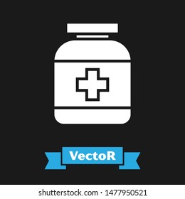 White Medicine bottle icon isolated on black background. Bottle pill sign. Pharmacy design.  Vector Illustration