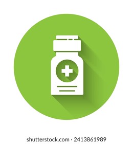 White Medicine bottle icon isolated with long shadow. Bottle pill sign. Pharmacy design. Green circle button. Vector Illustration