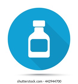 White Medicine Bottle icon on blue button isolated on white