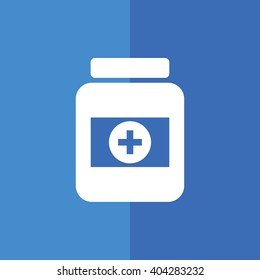 White medicine bottle icon vector. Blue background