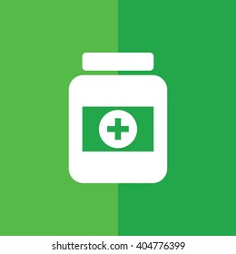 White medicine bottle icon vector. Green background