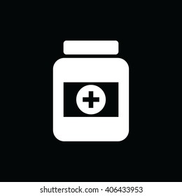 White medicine bottle icon vector. Black background