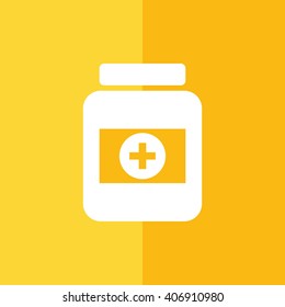 White medicine bottle icon vector. Yellow background