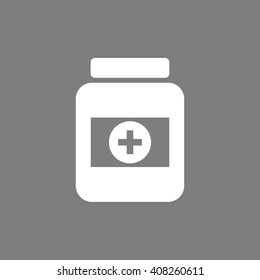 White medicine bottle icon vector. Gray background