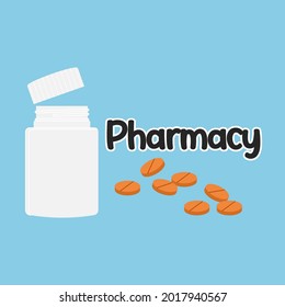 White Medicine Bottle With Open Cap. Underneath The Medicine Bottle There Are Several Drugs Scattered. Beside The Medicine Bottle, There Is A Pharmacy Written On It.