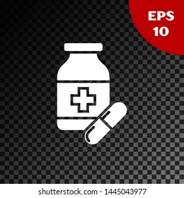 White Medicine bottle and pills icon isolated on transparent dark background. Bottle pill sign. Pharmacy design.  Vector Illustration