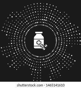 White Medicine bottle and pills icon isolated on grey background. Bottle pill sign. Pharmacy design. Abstract circle random dots. Vector Illustration
