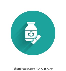 White Medicine bottle and pills icon isolated with long shadow. Bottle pill sign. Pharmacy design. Green circle button. Vector Illustration White Medicine bottle and pills icon isolated with long shadow. Bottle pill sign. Pharmacy design. Green circle button. Vector Illustration