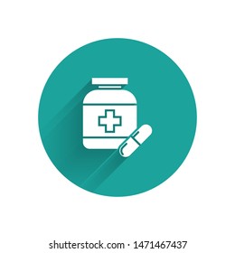 White Medicine bottle and pills icon isolated with long shadow. Bottle pill sign. Pharmacy design. Green circle button. Vector Illustration