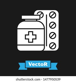 White Medicine bottle and pills icon isolated on black background. Bottle pill sign. Pharmacy design.  Vector Illustration