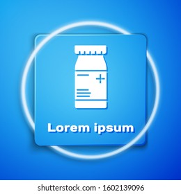 White Medicine bottle and pills icon isolated on blue background. Bottle pill sign. Pharmacy design. Blue square button. Vector Illustration