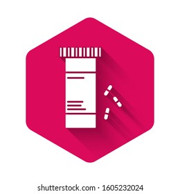 White Medicine bottle and pills icon isolated with long shadow. Bottle pill sign. Pharmacy design. Pink hexagon button. Vector Illustration