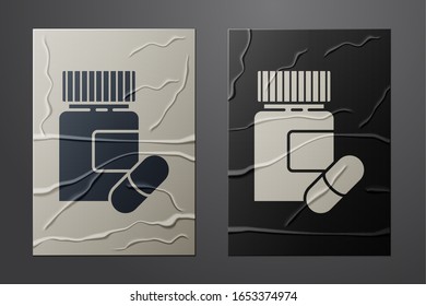 White Medicine bottle and pills icon isolated on crumpled paper background. Bottle pill sign. Pharmacy design. Paper art style. Vector Illustration