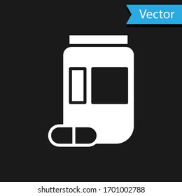 White Medicine bottle and pills icon isolated on black background. Bottle pill sign. Pharmacy design. Vector Illustration