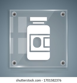 White Medicine bottle and pills icon isolated on grey background. Bottle pill sign. Pharmacy design. Square glass panels. Vector Illustration