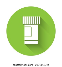 White Medicine bottle and pills icon isolated with long shadow. Bottle pill sign. Pharmacy design. Green circle button. Vector