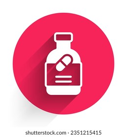 White Medicine bottle and pills icon isolated with long shadow background. Bottle pill sign. Pharmacy design. Red circle button. Vector