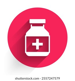 White Medicine bottle and pills icon isolated with long shadow. Bottle pill sign. Pharmacy design. Red circle button. Vector