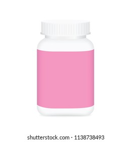 white medicine bottle and pink label, bottle plastic white packaging single blank for template design white background, package bottle packing pill, medicine, vitamin, drug tablet, supplement (vector)