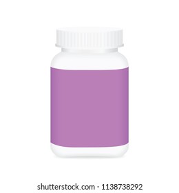 white medicine bottle purple label, bottle plastic white packaging single blank for template design white background, package bottle packing pill, medicine, vitamin, drug tablet, supplement (vector)