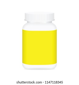 white medicine bottle yellow label, bottle plastic white packaging single blank for template design white background, package bottle packing pill, medicine, vitamin, drug tablet, supplement (vector)