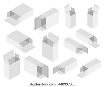 White medicine open packing on white background, isometric flat style. Cardboard Package Box. Opened packages of different angles. Box Mock Up Template isometric style