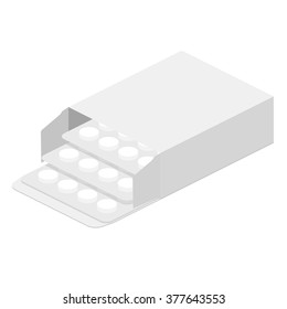White medicine open packing withput forward pills on white background