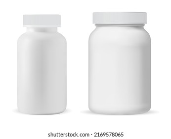 Modelación en blanco de la botella de medicina blanca. Frasco suplementario, plantilla de producto de cápsulas médicas. Mochila del paquete de remedios de farmacia, diseño realista