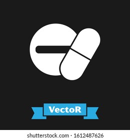 White Medicine pill or tablet icon isolated on black background. Capsule pill and drug sign. Pharmacy design.  Vector Illustration