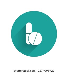 White Medicine pill or tablet icon isolated with long shadow. Corona virus 2019-nCoV. Capsule pill and drug sign. Pharmacy design. Green circle button. Vector Illustration