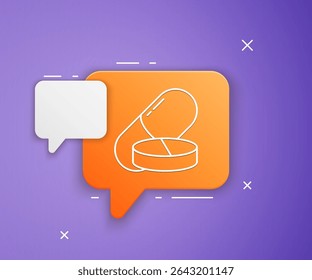 White Medicine pill or tablet icon isolated on purple background. Capsule pill and drug sign. Pharmacy design. Orange speech bubble symbol. Vector