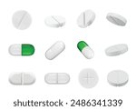 White medicine pills and capsules. Pharmaceutical tablets, medical drugs, vitamins and supplements for healthcare, pharmacy and treatment. Realistic 3D medication isolated painkiller pill vector set.