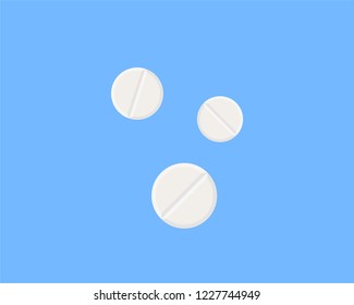 White medicine pills and tablets vector web icon isolated on blue background, EPS 10, top view