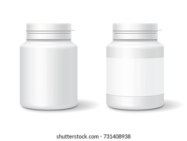 Frasco de plástico de medicina blanca para comprimidos, pastillas. Plantilla de simulación de empaque realista. Ilustración del vector