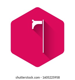 White Medieval axe icon isolated with long shadow. Battle axe, executioner axe. Medieval weapon. Pink hexagon button. Vector Illustration