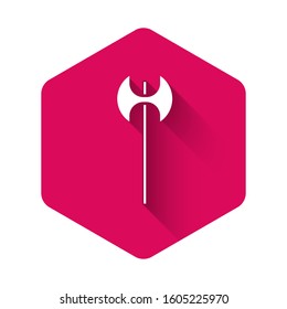 White Medieval axe icon isolated with long shadow. Battle axe, executioner axe. Medieval weapon. Pink hexagon button. Vector Illustration