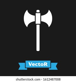 White Medieval axe icon isolated on black background. Battle axe, executioner axe.  Vector Illustration