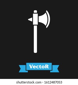 White Medieval axe icon isolated on black background. Battle axe, executioner axe.  Vector Illustration