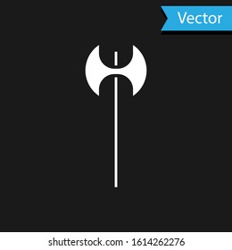 White Medieval axe icon isolated on black background. Battle axe, executioner axe. Medieval weapon.  Vector Illustration - Powered by Shutterstock - Get 15% off with code: PIKWIZARD15