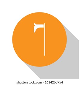 White Medieval axe icon isolated on white background. Battle axe, executioner axe. Medieval weapon. Orange circle button. Vector Illustration